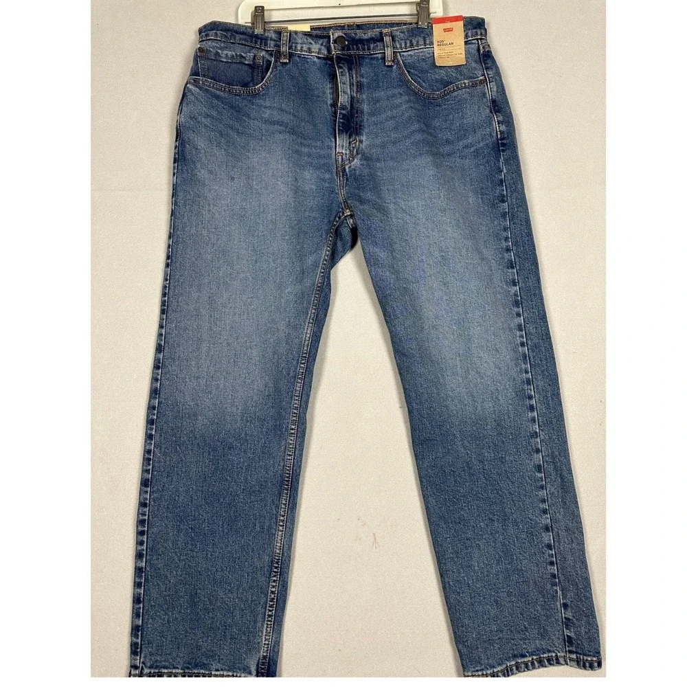 NEW Levis 505 Jeans Mens 38X30 Blue Regular Fit Straight Leg Distressed Stretch
